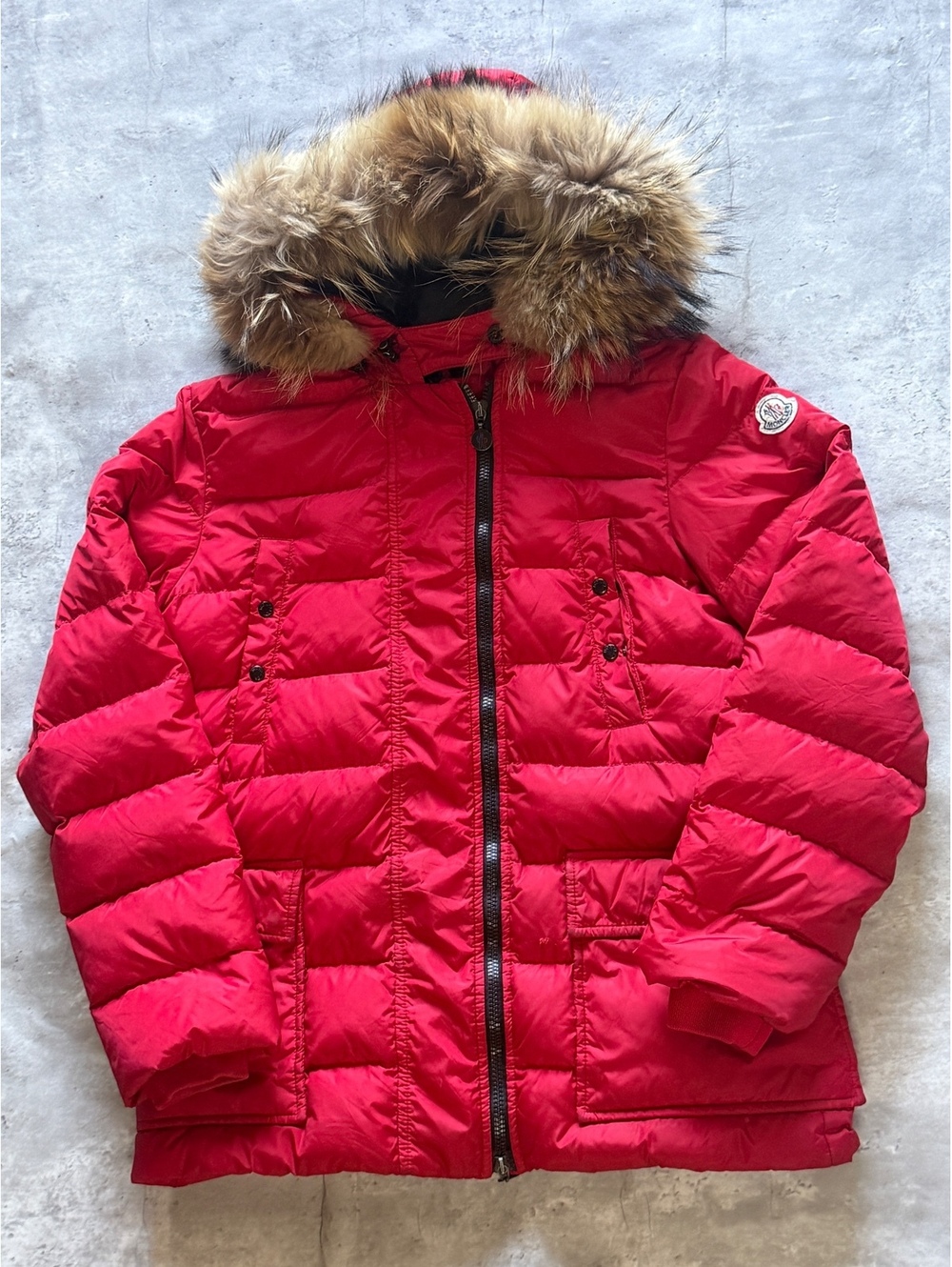 Designer Moncler Vibrant Red Down Coat Mink Lined Hood Sz L